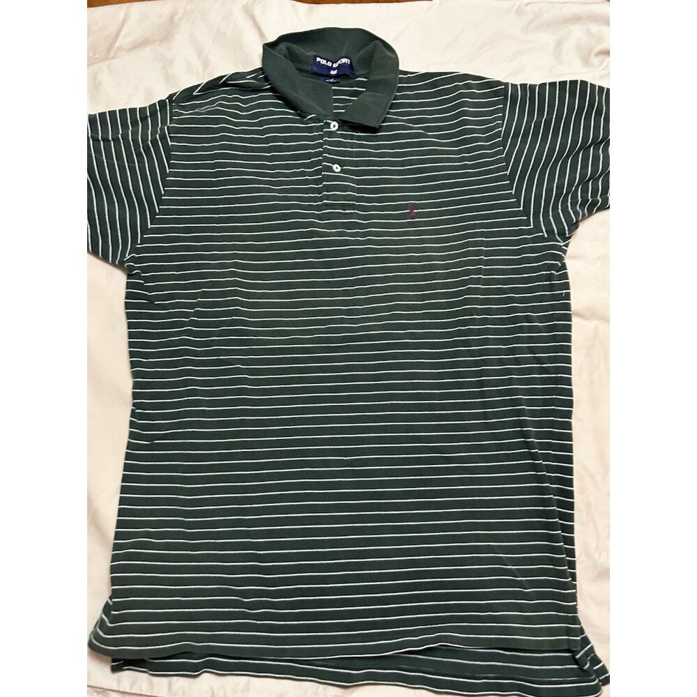 Vintage Polo Sport Ralph Lauren Green Stripe Polo Shirt 100% Cotton XL